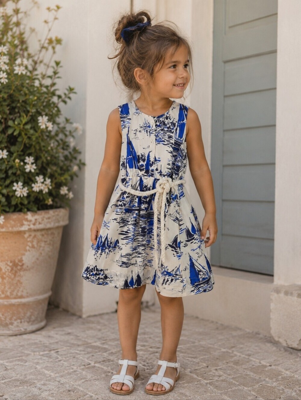 J.Crew Crewcuts Girls 4 Blue Sailboat Print Silk Cotton Belted Dress Nautical